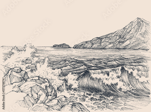 Sea waves breaking on rocky shore