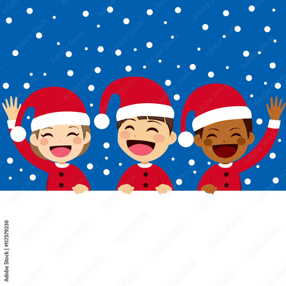 Children with Santa Claus hat holding blank banner Children with Santa Claus hat holding blank banner