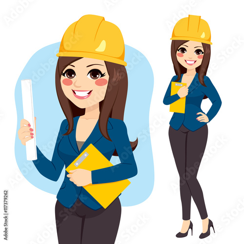 Young female architect with safety helmet holding roll paper and folder