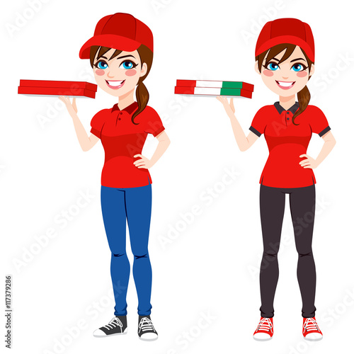 Pizza delivery woman standing holding order in two different version