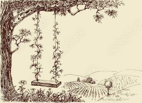 Swing drawing. A cute floral swing in the forest