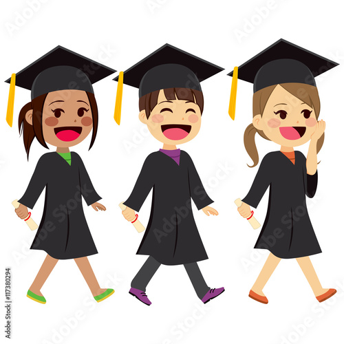 Cute kids walking with graduation gown and mortarboard holding diplomas