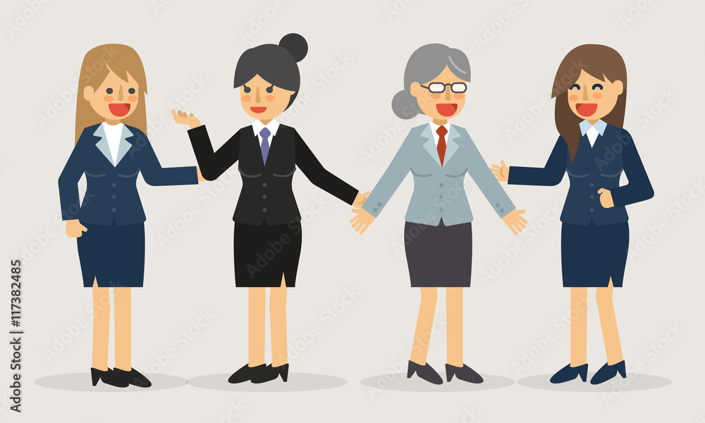 Happy businesswoman standing and discussing vector cartoon illustration
