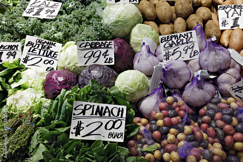Colorful vegetables at an outdoor farmers market in Seattle.