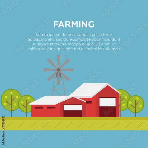 Big farm flat colorful composition with wooden village house