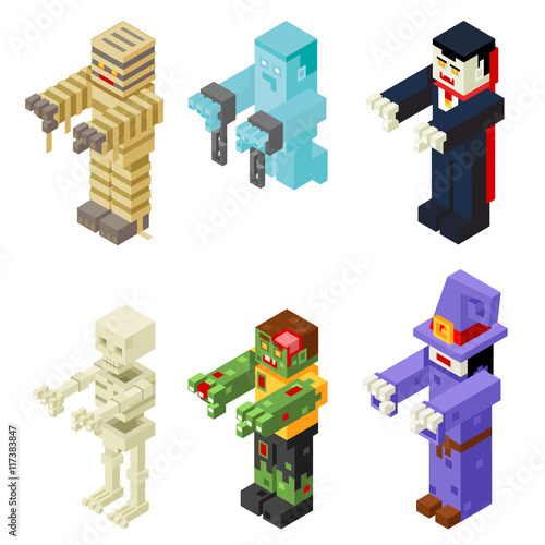 Halloween Monsters Icons Set Flat Design Isometric 3d Vector Illustration
