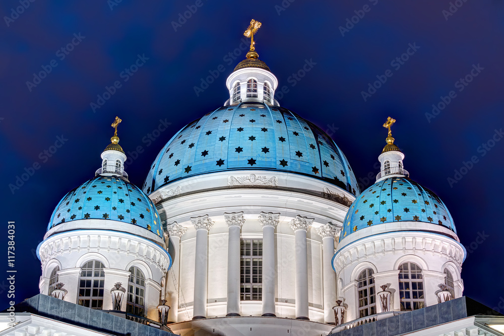 Night view of three domes of the Trinity Cathedral, St. Petersburg, Russia. Night view of three domes of the Trinity Cathedral, St. Petersburg, Russia.