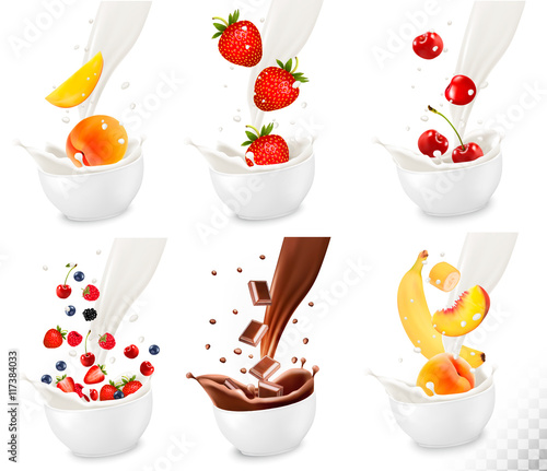 Chocolate and colorful fresh fruit falling into the milky splash