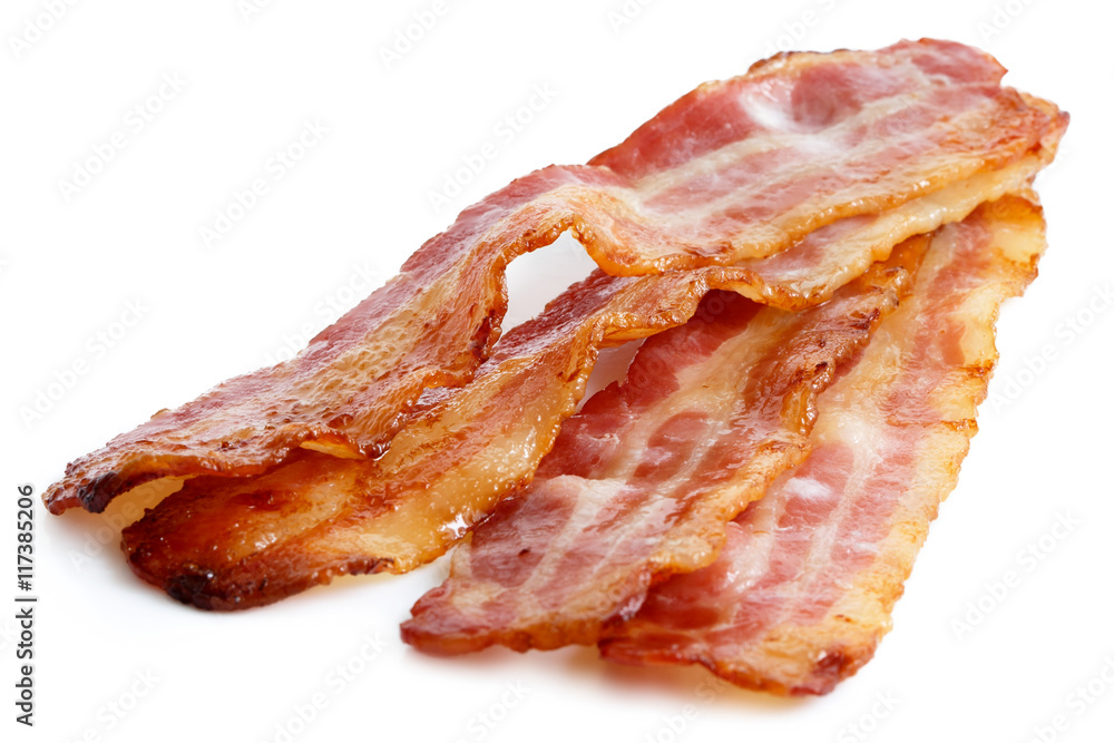 Three strips of fried crispy bacon isolated on white. Three strips of fried crispy bacon isolated on white.