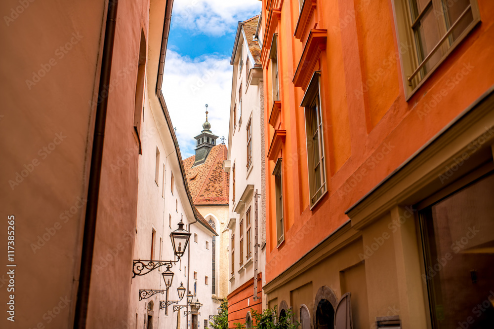 Graz old city street view with lanterns and church in Austria
