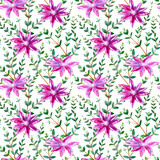 floral seamless pattern with clematis flowers and eucalyptus branches.watercolor hand drawn illustration.white background.
