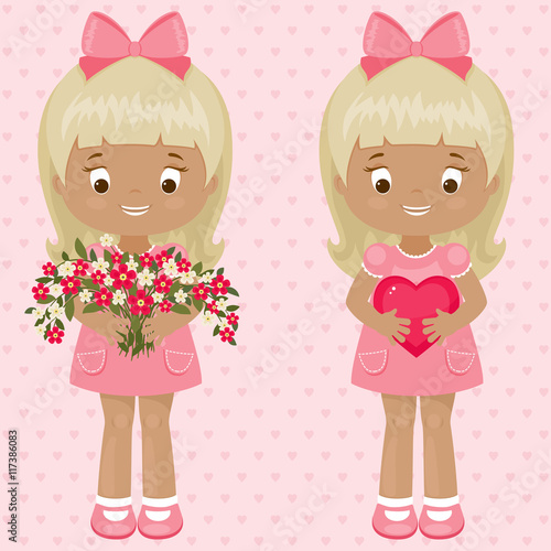 Valentine's Day vector illustration. Two pretty little girls wit