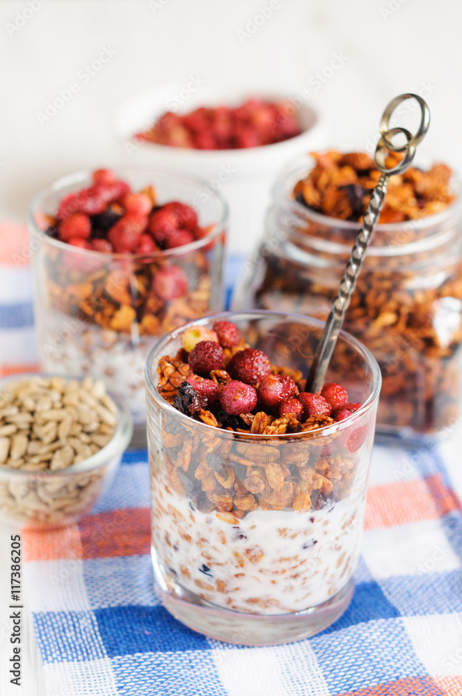Granola with berries and yogurt in glasses Granola with berries and yogurt in glasses