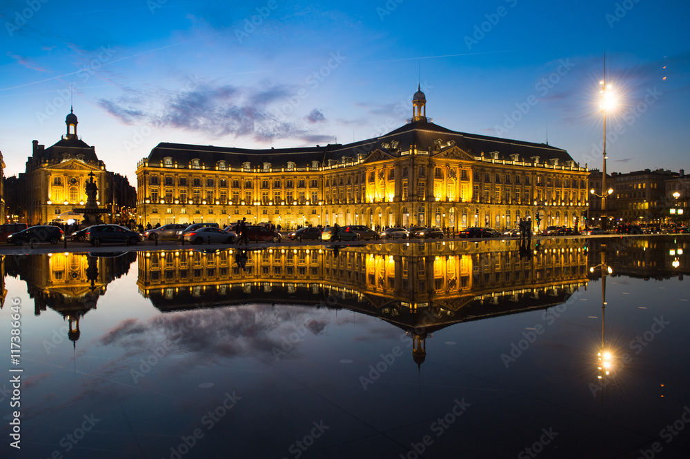 Bordeaux, France, Illuminated Reflection In Water At Place De La