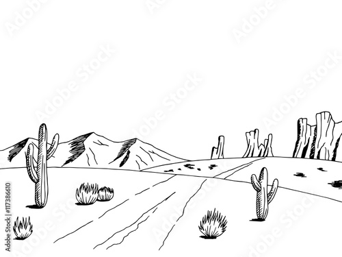 Prairie road graphic art American desert black white landscape sketch  illustration vector