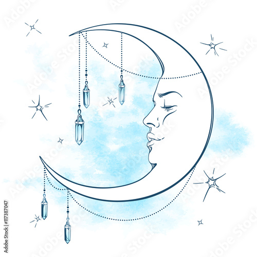 Blue crescent moon with moonstone pendants and stars vector illustration