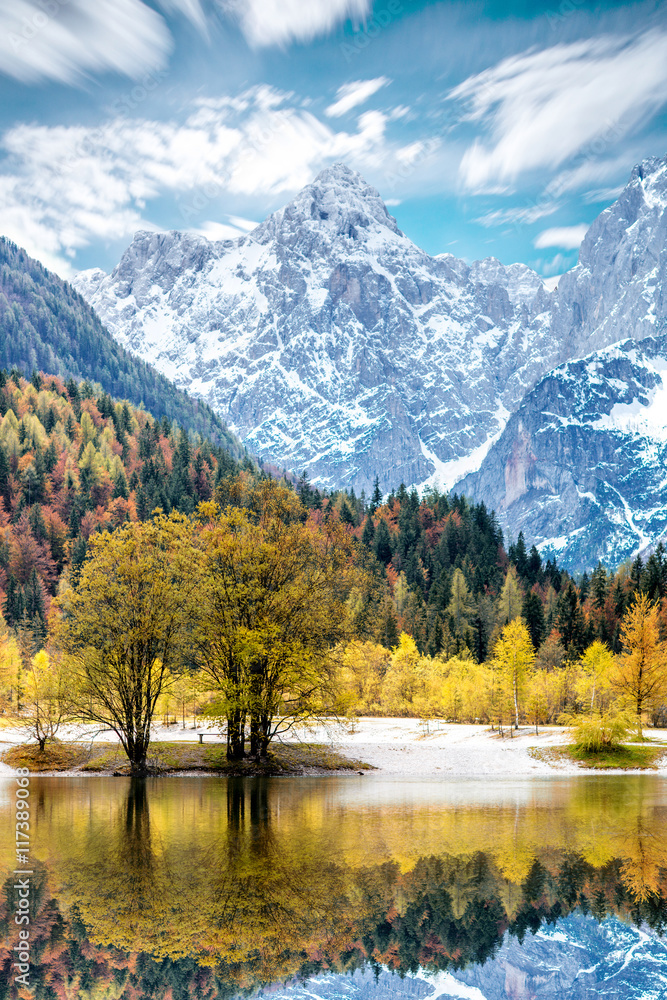 Beautiful landscape view with snowed up mountains in Triglav national park in Slovenia. Traveling slovenian Alps
