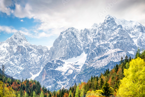 Beautiful landscape view with snowed up mountains in Triglav national park in Slovenia. Traveling slovenian Alps