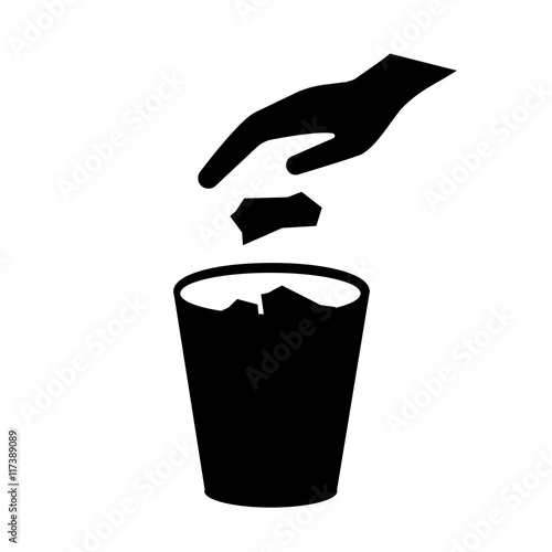No littering icon. Hand throwing trash, garbage, waste in recycle bin. Vector Illustration