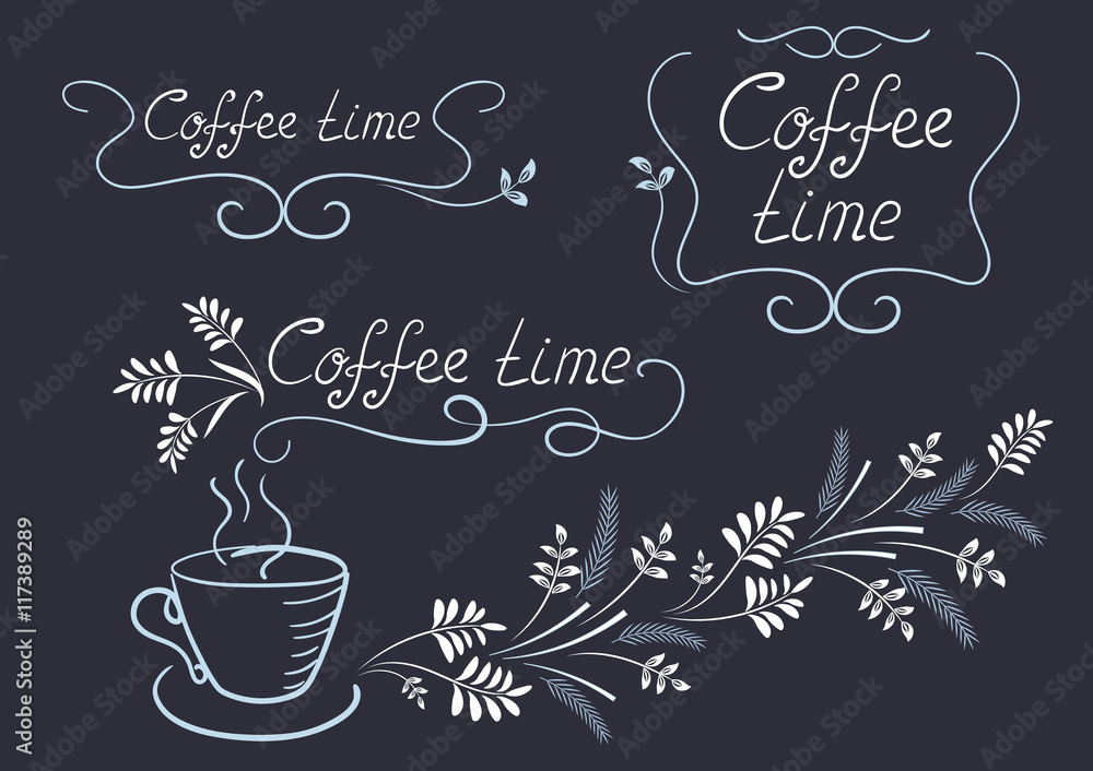 Set elements signboard for cafe with ornaments, frames, coffee c