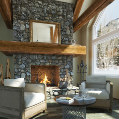 Luxurious open floor cabin interior design with roaring fireplace and winter scenic background. Photo realistic 3d rendering