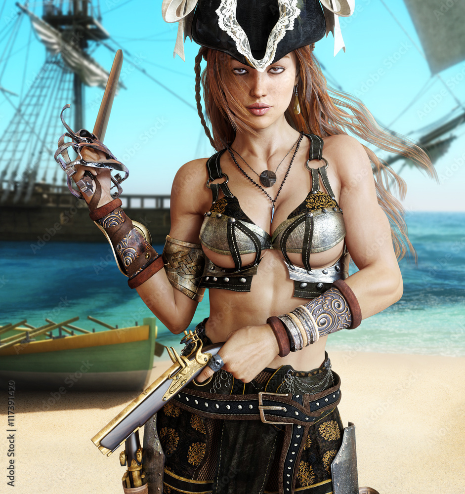Alluring sexy pirate female posing with a cutlass sword and pistols on a  coastline with her pirate ship in the background. 3d rendering Stock  Illustration | Adobe Stock