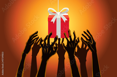 Many hands of zombie reaching out to grab a red gift box. Illustration about Halloween concept.