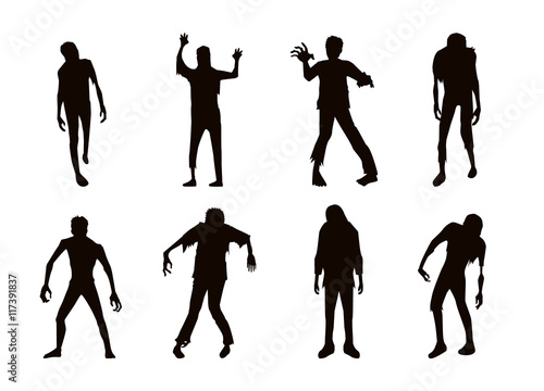 Vector zombie collection in silhouette style. Many action.