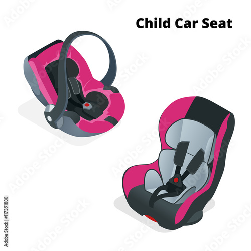 Safety Car seat for baby and kid, isolated on white background. Flat 3d vector isometric illustration. Car seat 3 in 1 and group 0 