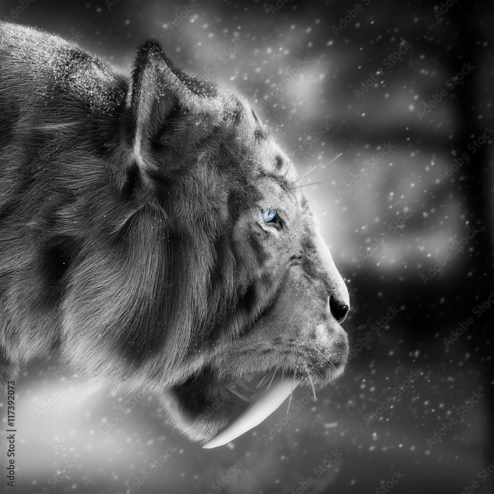 Obraz premium Biały tygrys stalking jego modlić się na tle śniegu zimy. Renderowanie 3d