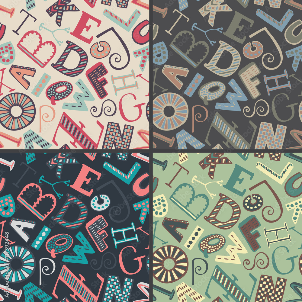 Set of four color variations seamless patterns with hand drawn fancy alphabet Set of four color variations seamless patterns with hand drawn fancy alphabet