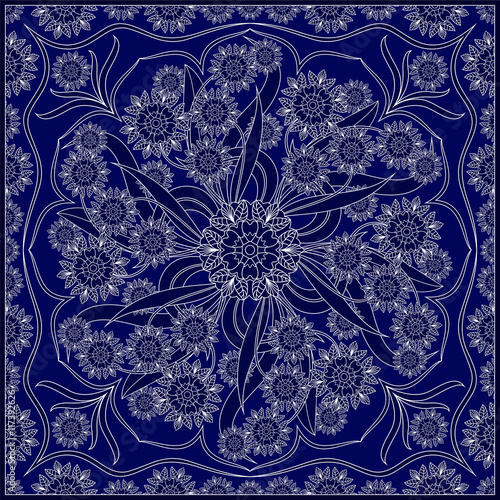 Blue bandanna with white pattern.