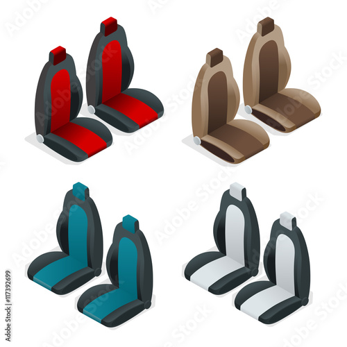 Modern set of car seat icons. Editable automotive collection. Vector isometric 3d flat illustration.