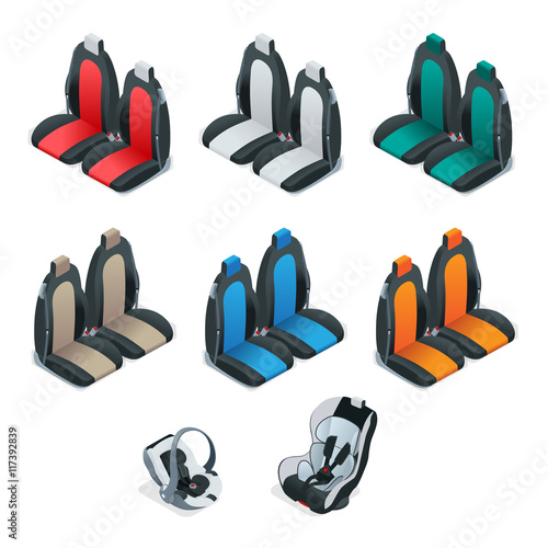 Modern set of car seat icons. Editable automotive collection. Vector isometric 3d flat illustration. Safety Car seat for baby and kid, isolated