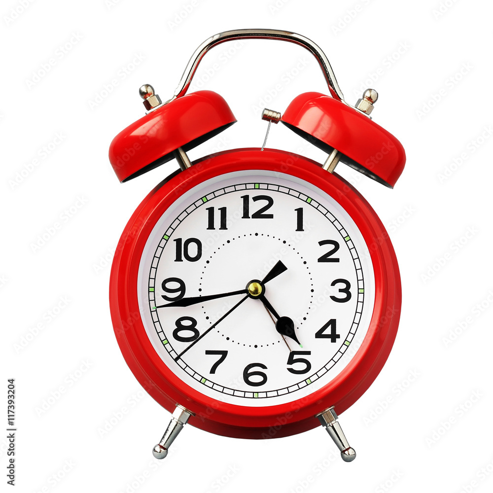 Red retro alarm clock on white background isolate. Red retro alarm clock on white background isolate.