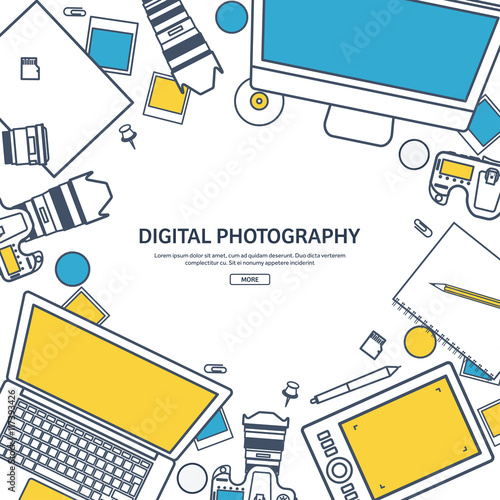 Line art.Photographer equipment on a table. Photography tools, photo editing, photoshooting flat background. Digital photocamera with lens. Vector illustration.