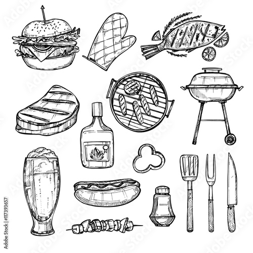 Hand drawn vector illustration - BBQ elements (grill, hot dog. h
