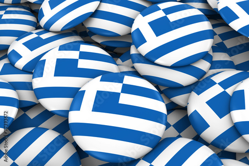 Greece Badges Background - Pile of Greek Flag Buttons 3D Illustration