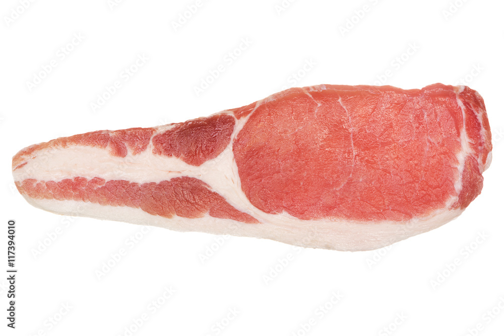 Raw bacon slice isolated on white. From above.