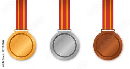 Set of medals. A standard set of awards. Vector illustration. Isolated on white background.