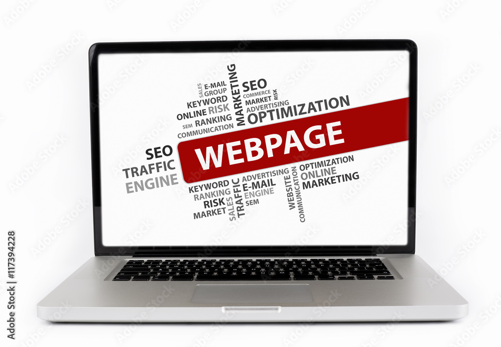 Webpage word cloud, Business concept. Laptop isolated on white b Webpage word cloud, Business concept. Laptop isolated on white b