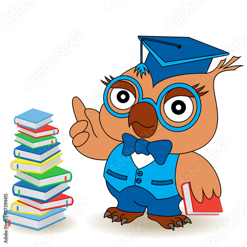 Serious Teacher Owl in glasses and in mortarboard