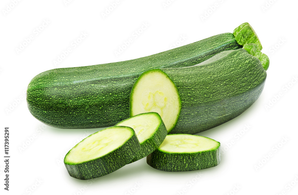 Isolated fresh whole and cutted zucchini on a white background. Design element for product label, catalog print, web use. Isolated fresh whole and cutted zucchini on a white background. Design element for product label, catalog print, web use.