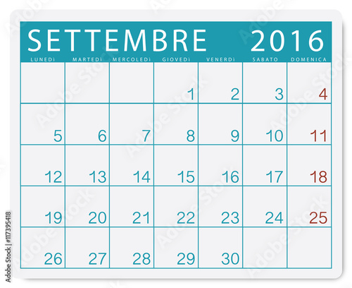 Calendario 2016: mese di settembre con festivi