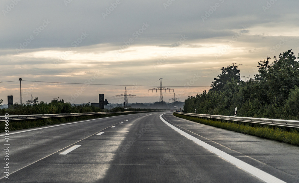 Fototapeta premium highway a7 in heavy rain seen through windshield