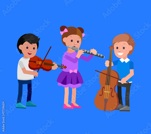 Happy kid playing on contrabass, singing dancing ballet.