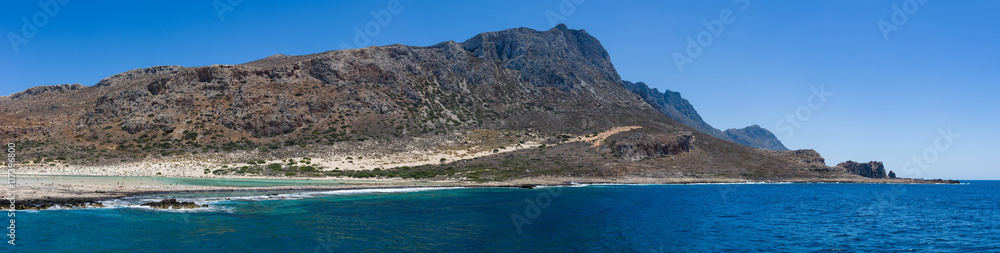 Bay Balos. The west coast of the peninsula Gramvousa. The island of Crete. Greece. Panoramic view.