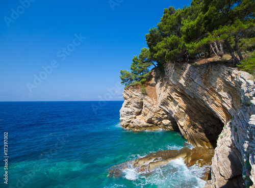 Waves breaking on a stone rock, where grow up trees. Copy space in blue sky. Blue water in adriatic sea. Coast in sunny day.