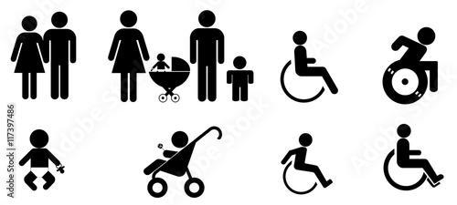 Famille et personne handicapée en 8 icônes