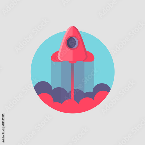 Rocket ship in a flat style.Vector illustration with flying rocket.Space travel to the moon.Space rocket launch.Project start up and development process.Innovation product,creative idea.Management.